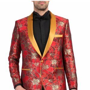 Mens One Button Floral Tuxedo Dinner Jacket in Red & Gold